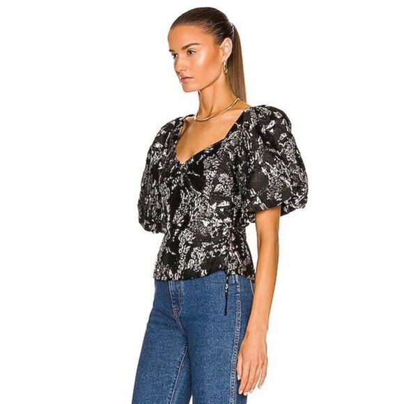 JONATHAN SIMKHAI Taylor Puff Balloon Sleeve Faux Wrap Black Metallic Top Size 4 - Picture 2 of 12